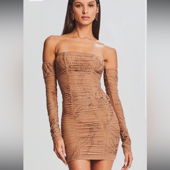 Rococo Sand Brown Off-Shoulder Mini Dress - Picture 1 of 8
